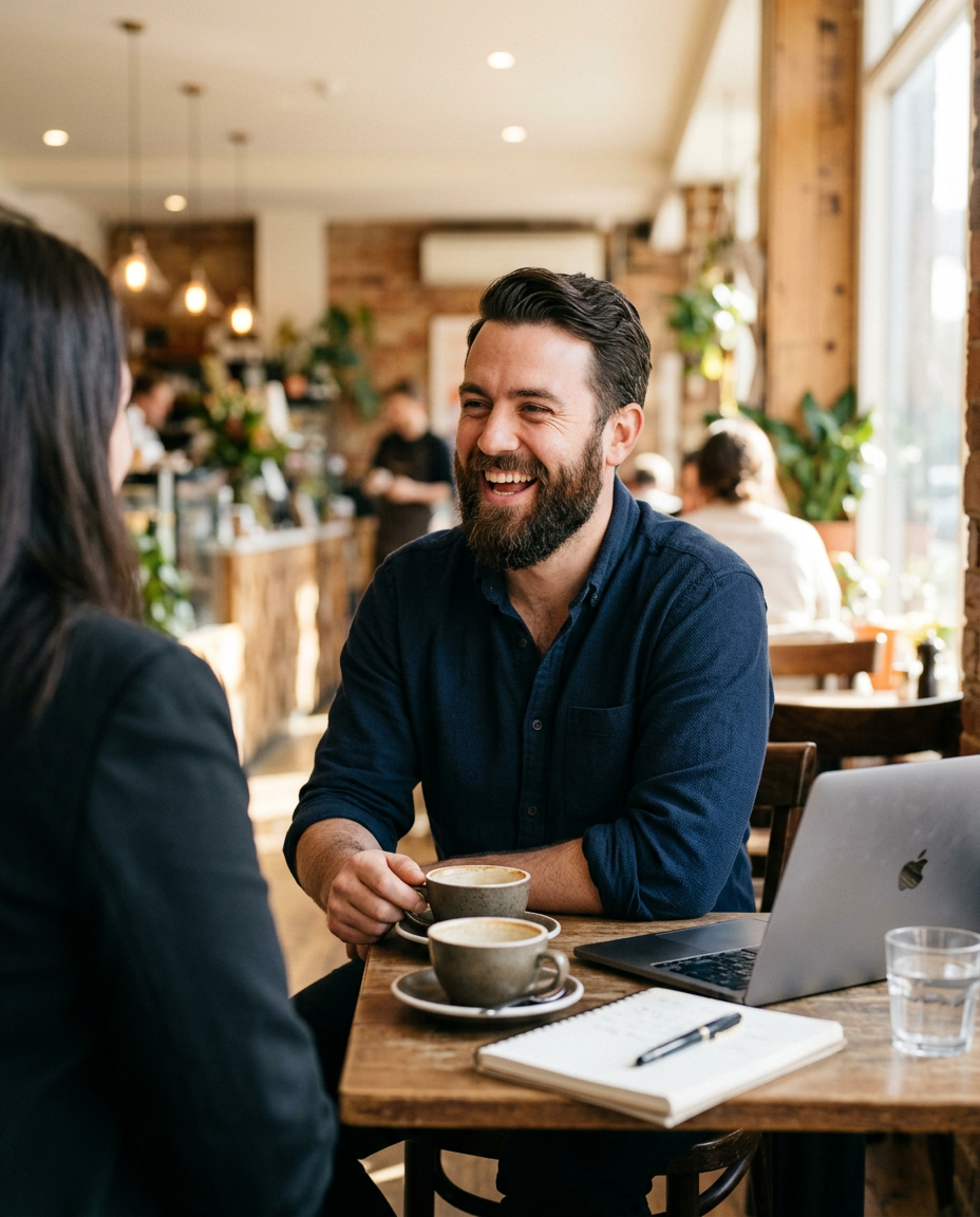 A bearded recruiter laughing with a client over coffee in a bright cafe